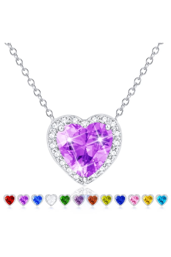 S925 Sterling Silver Plated Love Heart Necklaces for Women Girls CZ February Birthstone Pendant with Purple Amethyst Birthday Graduation Jewelry Gifts Teen Adults Girlfriend Kids