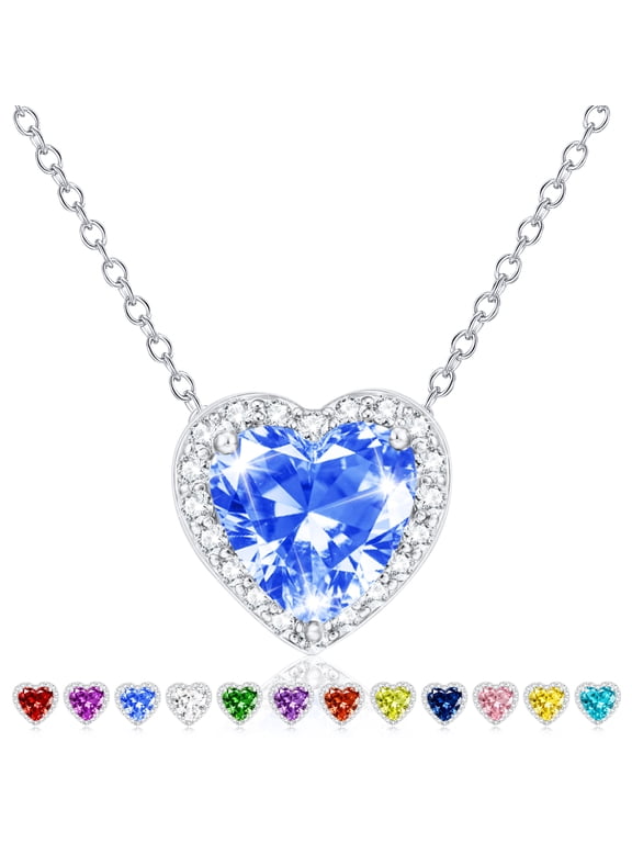 S925 Sterling Silver Plated Love Heart Necklaces for Women CZ March Birthstone Pendant Chain with Blue Aquamarine Birthday Jewelry Gifts Teen Girls