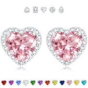 18K White Gold Plated Love Heart Stud Earrings for Women with S925 Silver Post October Birthstone Earrings with Pink Tourmaline Birthday Christmas Jewelry Gifts