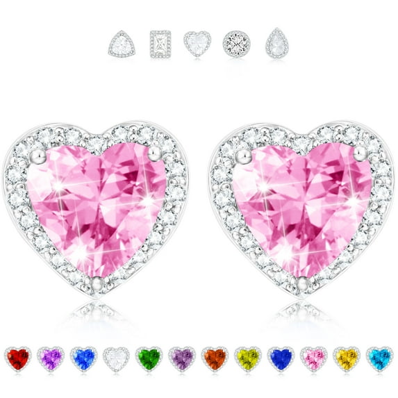 APSVO Love Heart Stud Earrings for Women Girls CZ S925 Sterling Silver October Birthstone Earrings with Pink Tourmaline Birthday Valentines Day Jewelry Gifts Teen Girlfriend Wife Her Kids Age Ideas