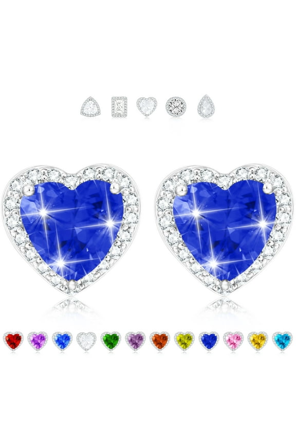 Love Heart Stud Earrings for Women Girls CZ S925 Sterling Silver Post September Birthstone Earrings with Blue Sapphire Birthday Easter Basket Stuffers Jewelry Gifts Teen Adults Girlfriend Kids
