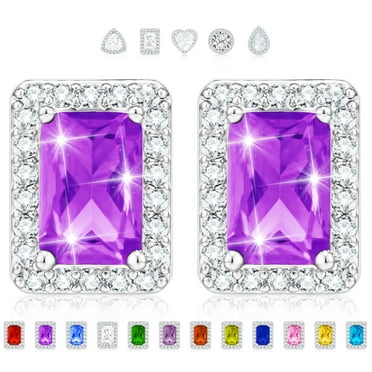18K White Gold Plated Rectangle Stud Earrings for Women CZ S925 Sterling Silver February Birthstone Earrings with Purple Amethyst Wedding Graduation Birthday Jewelry Gifts Teen Mom Ideas