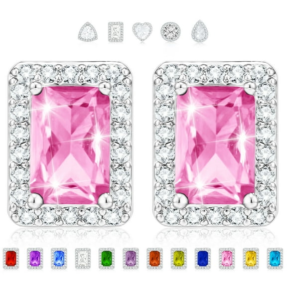APSVO Rectangle Stud Earrings for Women Girls CZ S925 Sterling Silver October Birthstone Earrings with Pink Tourmaline Birthday Valentines Day Jewelry Gifts Teen Girlfriend Wife Her Kids Age Ideas