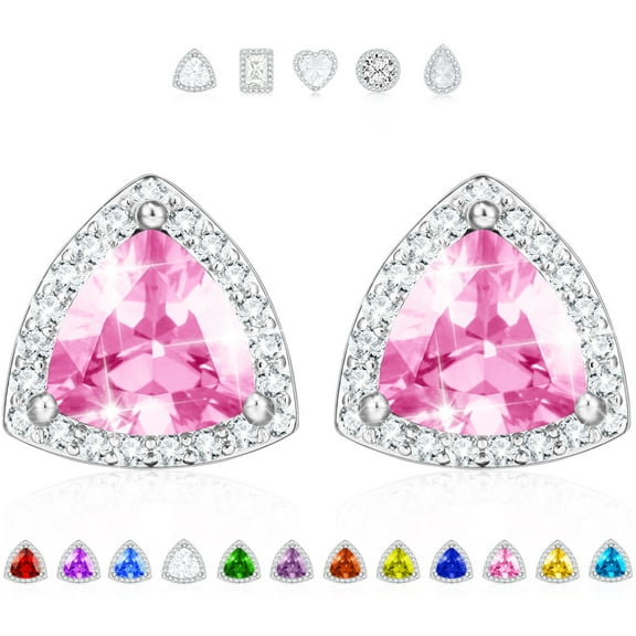 APSVO Triangle Stud Earrings for Women Girls CZ S925 Sterling Silver October Birthstone Earrings with Pink Tourmaline Birthday Valentines Day Jewelry Gifts Teen Girlfriend Wife Her Kids Age Ideas