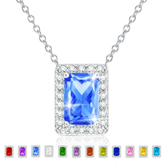 APSVO S925 Sterling Silver Plated Rectangle Necklaces for Women Girls CZ March Birthstone Pendant with Blue Aquamarine Birthday Easter Basket Stuffers Jewelry Gifts Teen Her Adults Girlfriend Kids