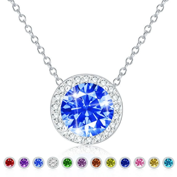 APSVO Round Necklaces for Women Girls CZ S925 Sterling Silver March Birthstone Pendant with Blue Aquamarine Birthday Valentines Day Jewelry Gifts Teen Her Mom Adults Wife Girlfriend Kids Ideas