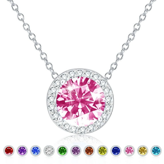 APSVO Round Necklaces for Women Girls CZ S925 Sterling Silver October Birthstone Pendant with Pink Tourmaline Birthday Valentines Day Jewelry Gifts Teen Her Mom Adults Girlfriend Kids Ideas