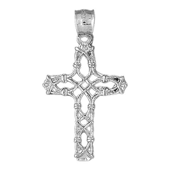 18K White Gold Vine Cross Pendant - 36 mm