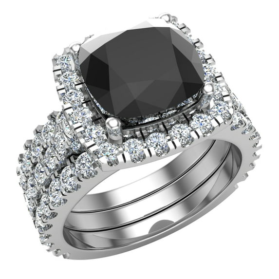 18K White Gold Wedding Ring Set for Women Cushion Cut Black Diamond Halo Ring 3.85 Carat (G,VS1)