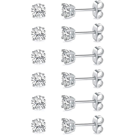 18K White Gold / Yellow Gold Plated 5mm Round Cut Cubic Zirconia Stud Earrings Pack of 6 Pairs