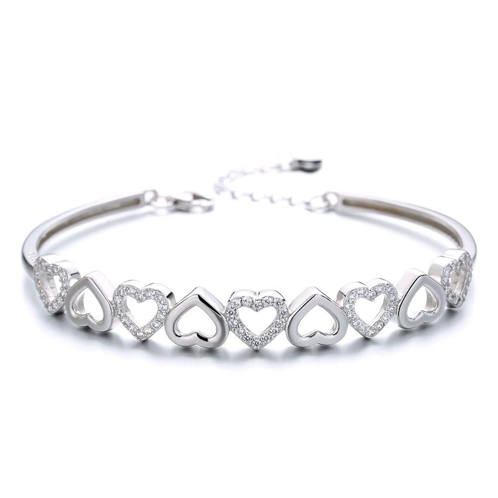 14K White Gold Hearts Bangle Adjustable Bracelet w