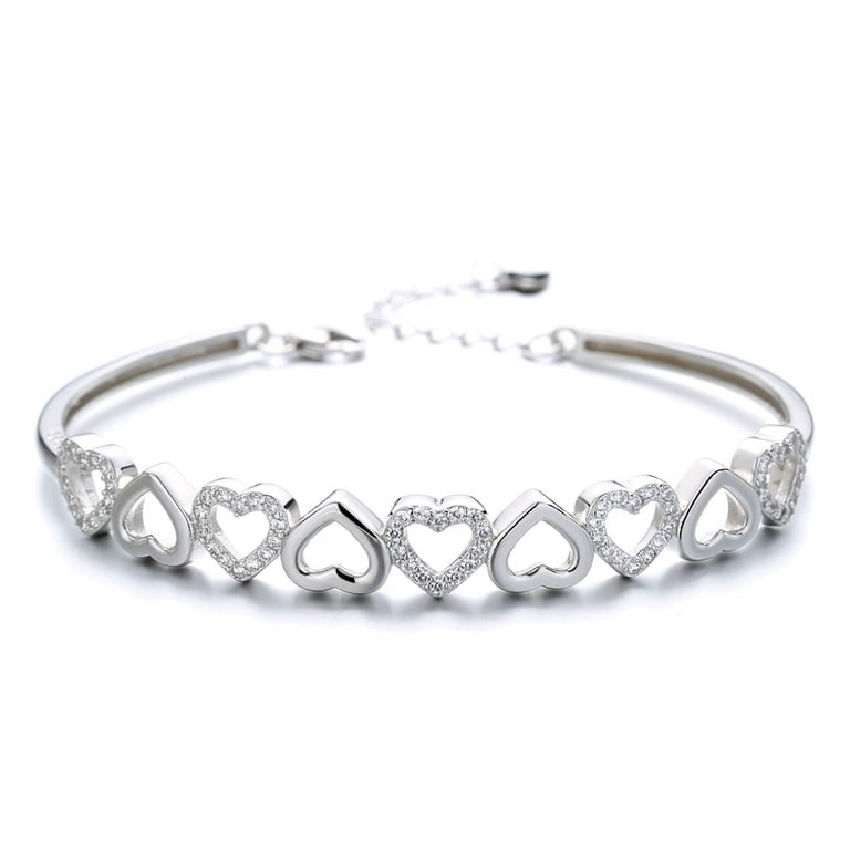 14K White Gold Hearts Bangle Adjustable Bracelet with crystals from Swarovski