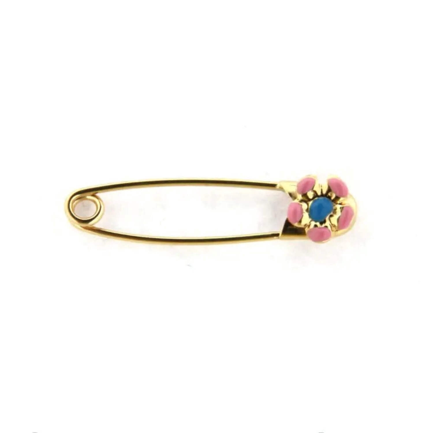 18K  YG Safety Pin with Pink and Blue Flower (29mm X 5mm)