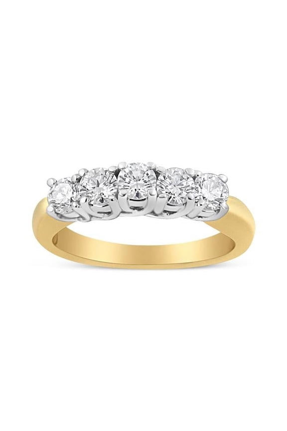 18K Yellow Gold 1.0 CTTW 4 Prong Set Round Cut Diamond Step up 5 Stone Ring Band, F-G Color - SI1-SI2 Clarity - Size 6