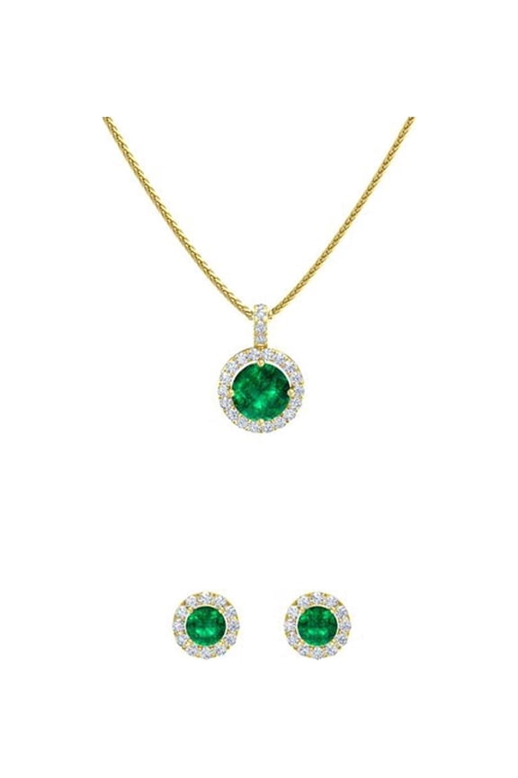 18K Yellow Gold 2ct Halo Emerald Round 18 Inch Necklace and Halo Earrings Set Plated