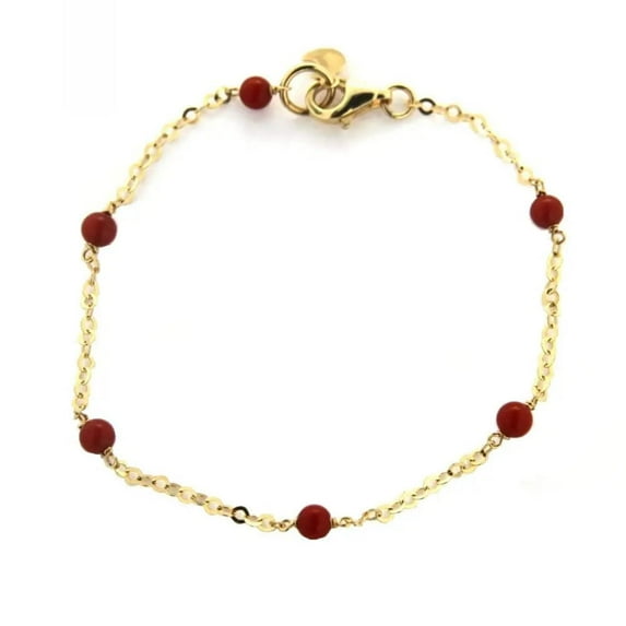 18K Yellow Gold 3.5 mm Coral Paste Bead Diamond cut Chain Bracelet 7 inches