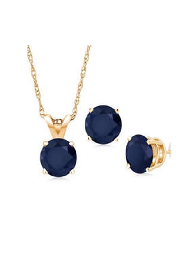 18K Yellow Gold 3ct Blue Sapphire Round 18 Inch Necklace and Earrings Set Plated By PJ Jewelry