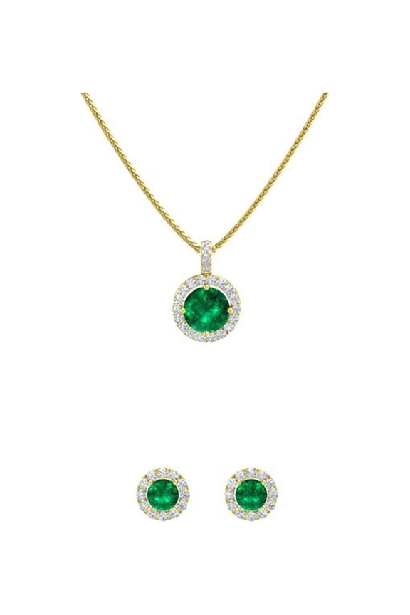 18K Yellow Gold 4ct Halo Emerald Round 18 Inch Necklace and Halo Earrings Set Plated