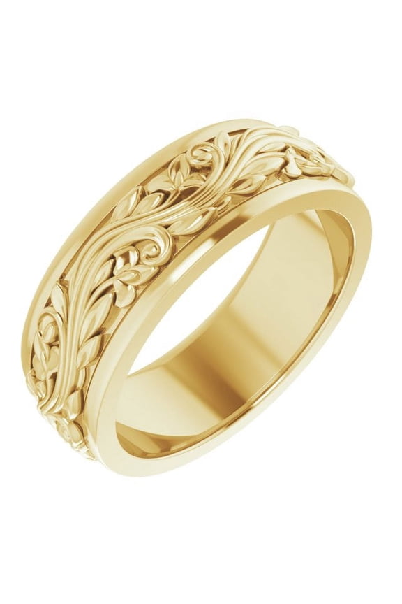 18K Yellow Gold 7 Mm Polished Sculptural Inlay Standard-Fit Flat Band, Size 8.5