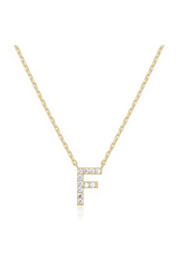 18K Yellow Gold Alphabet Created White Sapphire Necklace, 18 inches Rolo Chain plated by Paris Jewelry