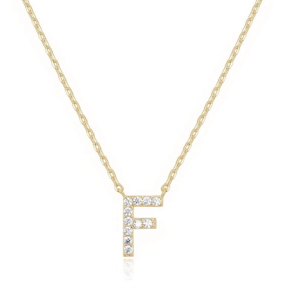 18K Yellow Gold Alphabet Created White Sapphire Necklace, 18 inches Rolo Chain plated by Paris Jewelry