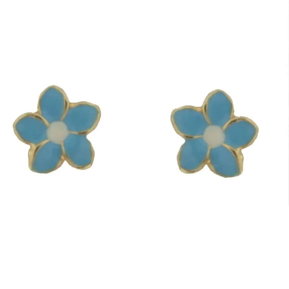 18K Yellow Gold Blue Enamel Flower Earrings (6mm)