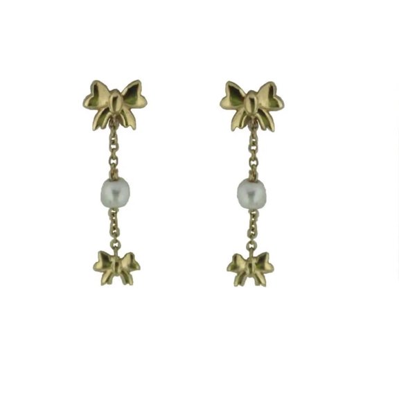 18K Yellow Gold  Bows and pearl dangle post earrings 1 each L