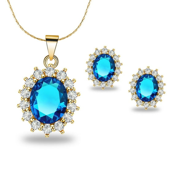 18K Yellow Gold Created Aquamarine Round 3 Carat Oval Necklace Plated 18 inch for Adult Female