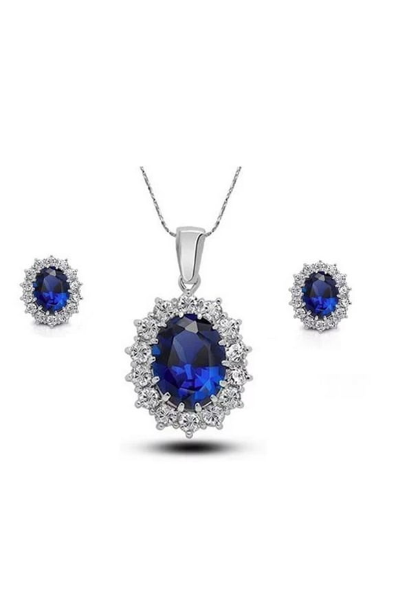 18K Yellow Gold Created Blue Sapphire Round 1 Carat Oval Necklace Plated 18 inch by PJ Jewelry