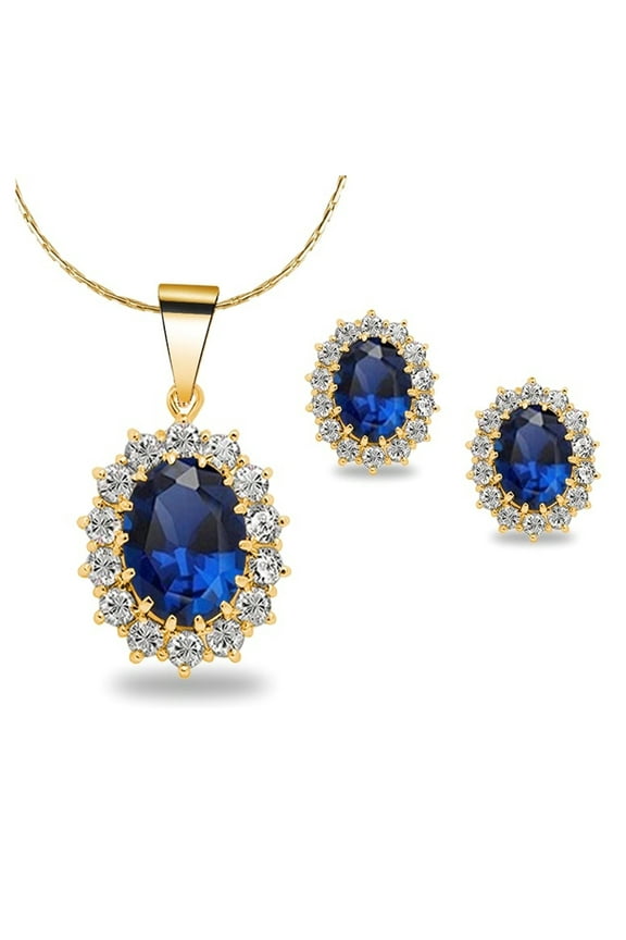 18K Yellow Gold Created Blue Sapphire Round 3 Carat Oval Necklace Plated 18 in Adult Female