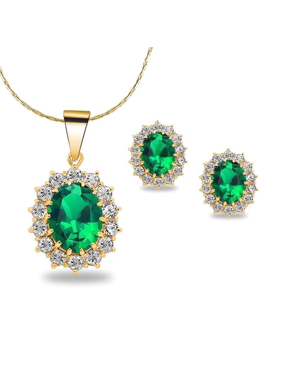 18K Yellow Gold 2 Ct Oval Plated Emerald 18 inch Necklace Plated by Paris Jewelry