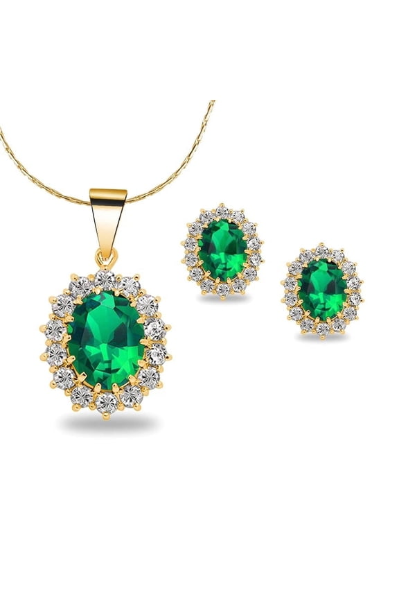 18K Yellow Gold Created Emerald Round 4 Carat Oval Necklace Plated 18 inch