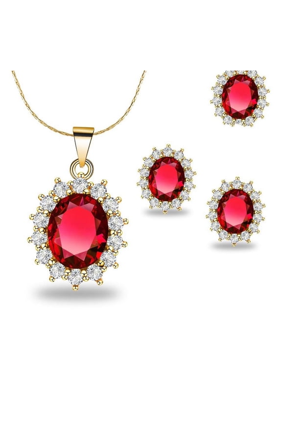 18K Yellow Gold Created Ruby Sapphire Round 8CT CZ Oval Necklace 18 inch Plated