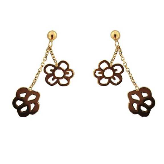 18K Yellow Gold Dangle  Post Flowers earrings L 1 inch