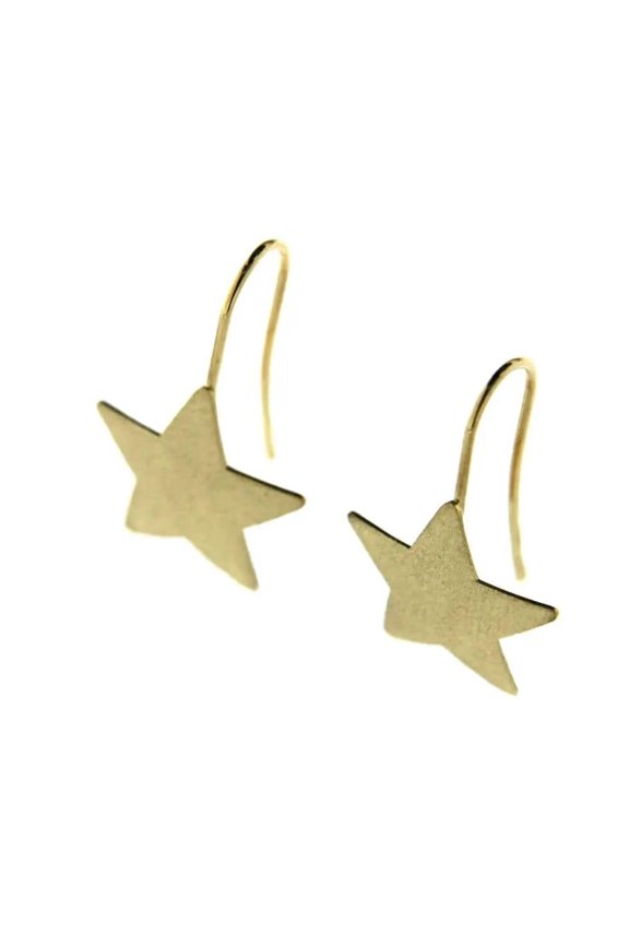 18K Yellow Gold Dangle satin star earring 0.75 inch
