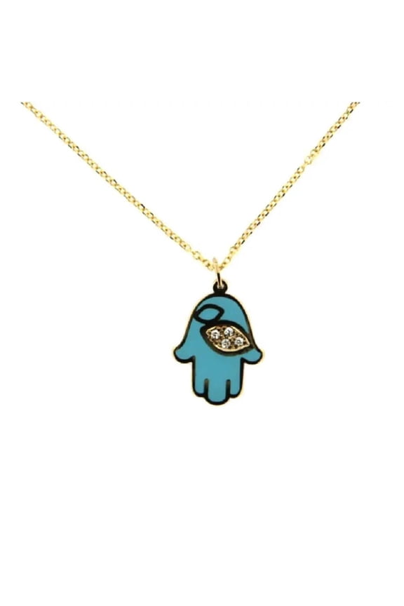 18K Yellow Gold Diamond and Turquoise Ceramic Hamsa Hand Necklace