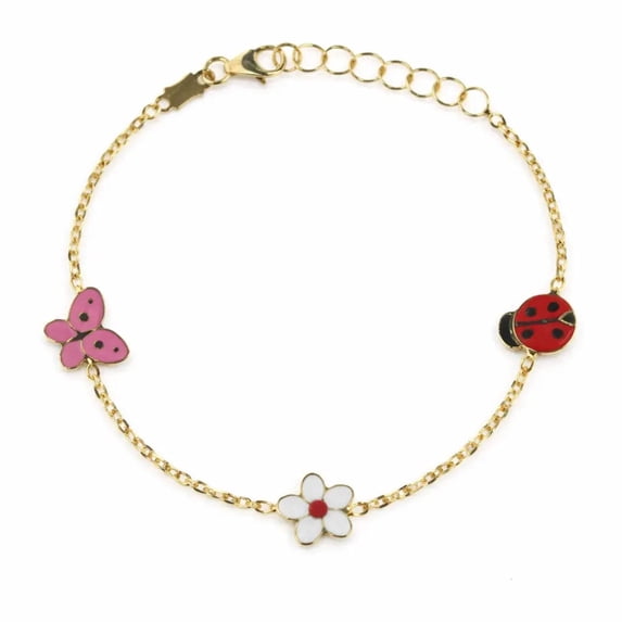 18K Yellow Gold Enamel Butterfly Flower and Lady Bug Bracelet