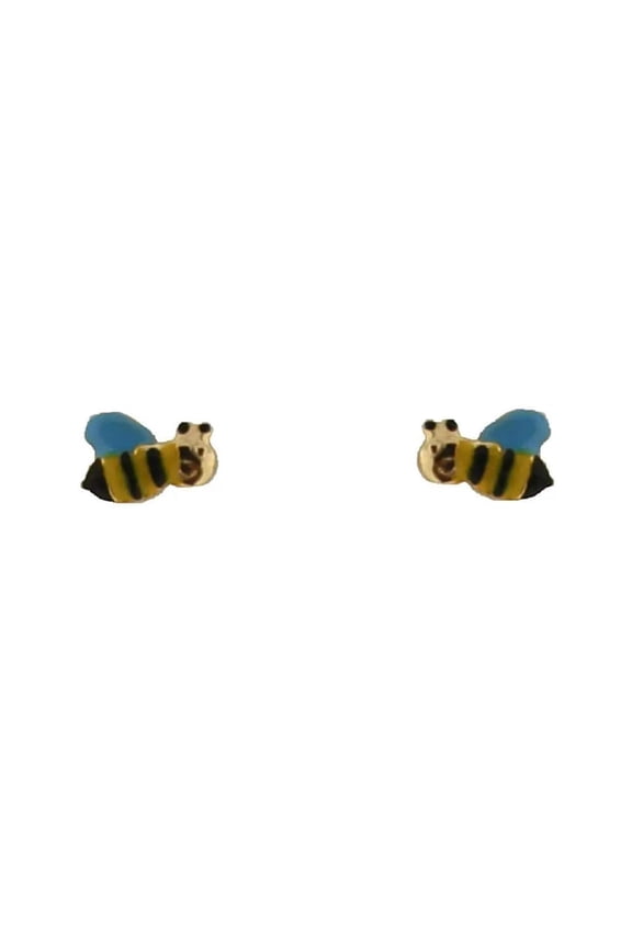18K Yellow Gold Enamel Yellow Blue and Black Bumble Bee Post Earrings 0.28 inch