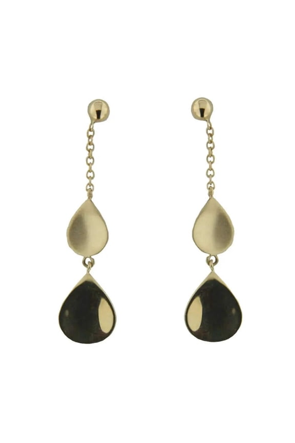 18K Yellow Gold Large shiny and Small  Satin Tear Drops Dangle Post Earrings 1.25 inches long..