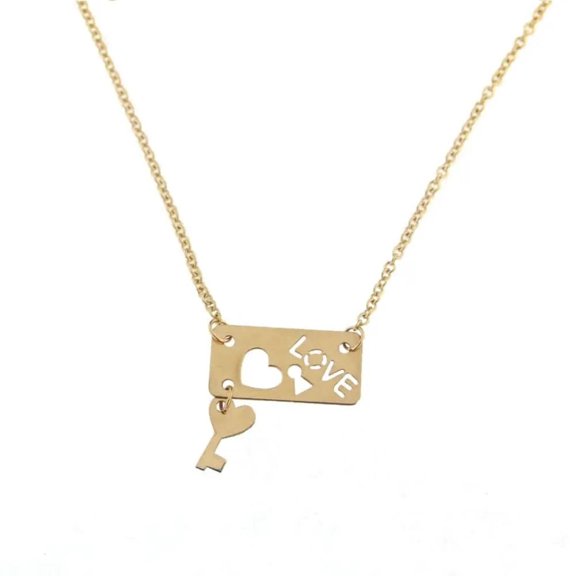 18K Yellow Gold Love open cut Plaque  with Hanging Key and  Rollo Chain 16 inches Necklace