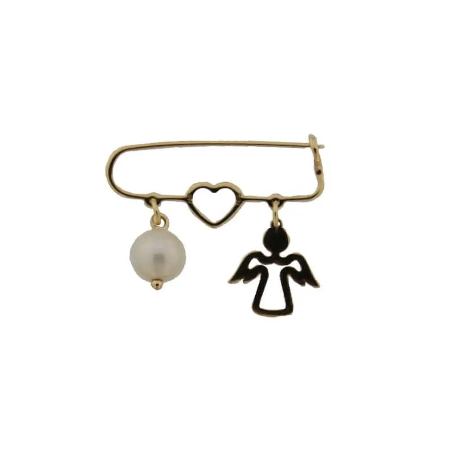 18K Yellow Gold Open Heart Pearl or Turquoise and Open Angel Safety Pin Brooch