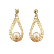 18K Yellow Gold Open Tear Shape Filigree with center Cultivated Pearl Dangle Post earrings L 0.80 inch