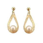 18K Yellow Gold Open Tear Shape Filigree with center Cultivated Pearl Dangle Post earrings L 0.80 inch