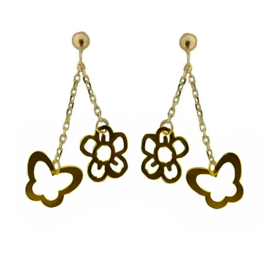 18K Yellow Gold Open cut Butterfly and Flower Dangle Earrings 1 inch L