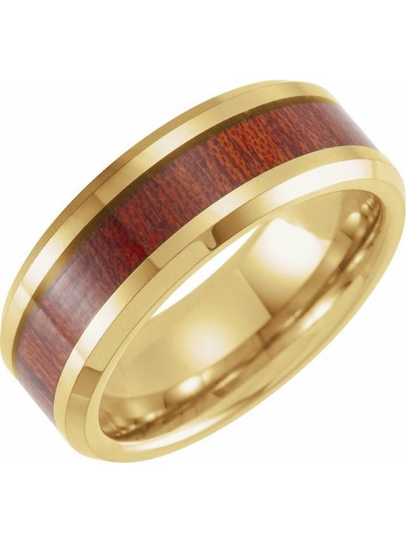 18K Yellow Gold PVD Tungsten 8 mm Beveled-Edge Walnut Wood Inlay Comfort-Fit Band Size 8 - Solid Gold Fine Jewelry | Jewelry by Sweet Pea