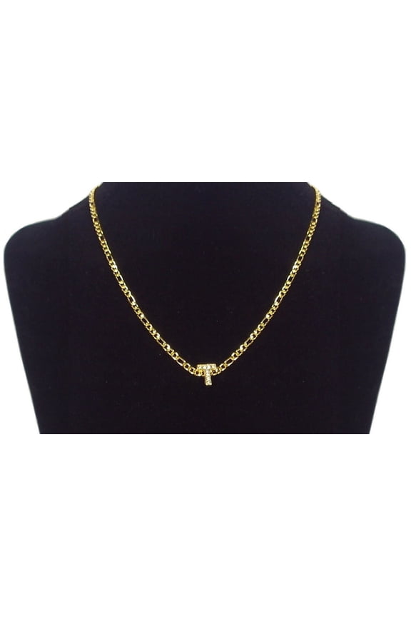 18K Yellow Gold-Plated 18-Inches Figaro Initial Letter 'T' Pendant Bling Charm Chain Necklace Set Gift