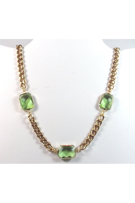 18K Yellow Gold-Plated 18-Inches Three Stone Bezel Set 45.00 CTW Green Emerald Shape Crystal Cleopatra-Style Necklace Gift