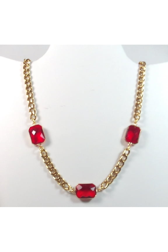 18K Yellow Gold-Plated 18-Inches Three Stone Bezel Set 45.00 CTW Red Emerald Shape Crystal Cleopatra-Style Necklace Gift
