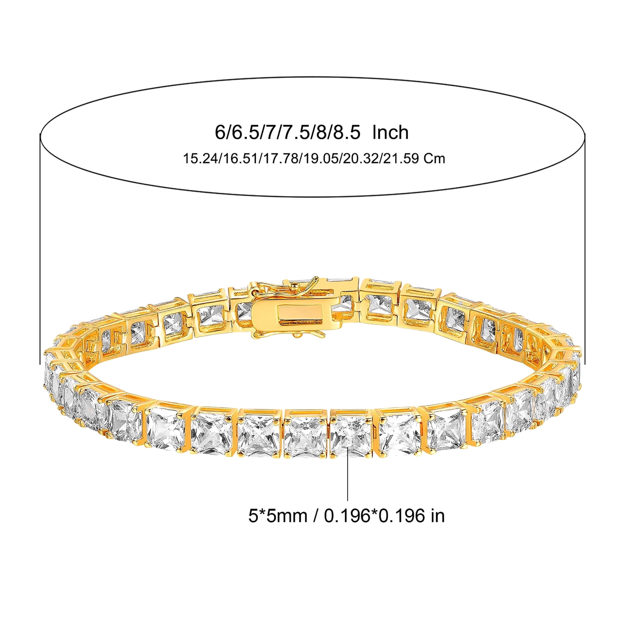 18K Yellow Gold Plated 5MM Cubic Zirconia Emerald Cut Classic Graduation Tennis Bracelet for Women Men Girls 7.0 inch