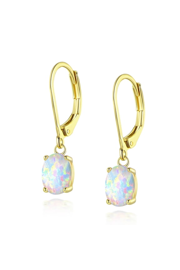 18K Yellow Gold Plated 6*8mm Oval White Fire Opal Birthstone Leverback Earrings for Women